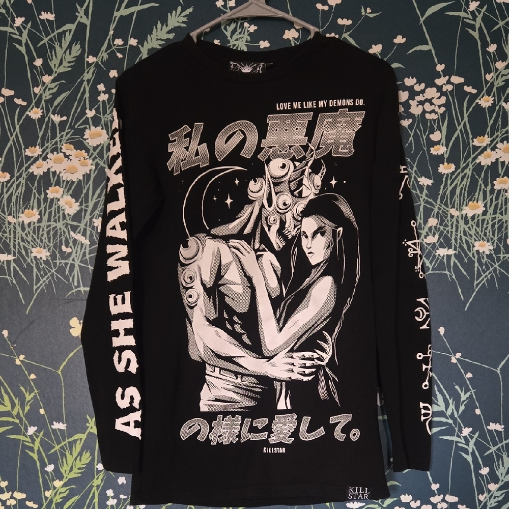 Killstar Demon Lover Black Long Sleeve Tee with White Manga Graphic